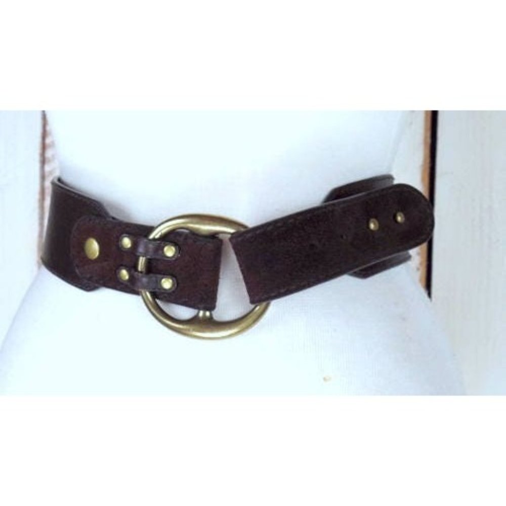 Wide dark brown leather vintage saddle belt/brass metal loop buckle belt - Picture 4 of 5